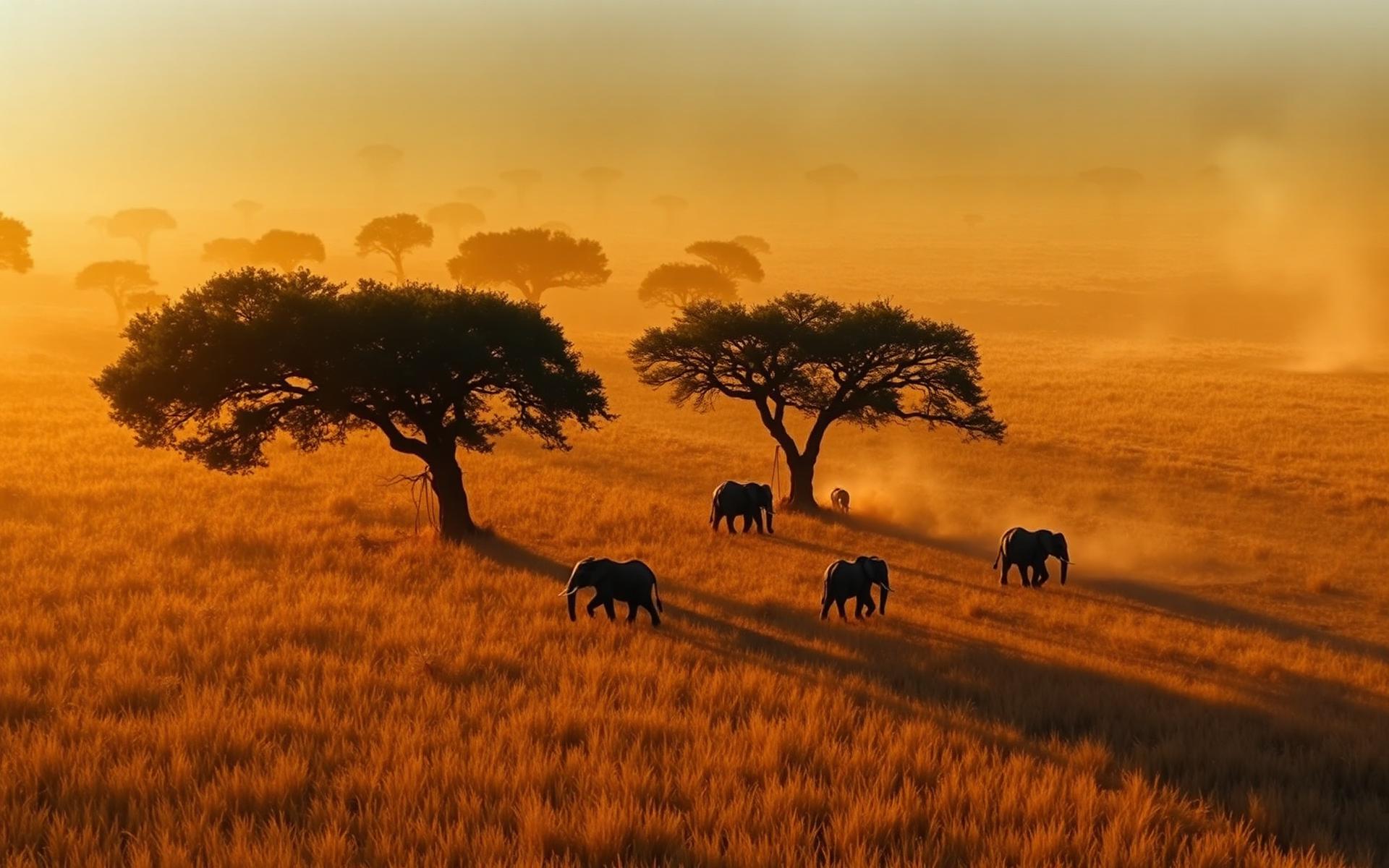 Elephants crossing a golden African savanna at dawn